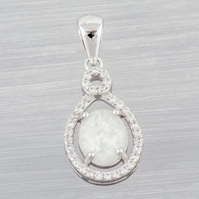 8x10mm Oval White Fire Opal Cabochon CZ Silver Jewelry Necklace Pendant - Image 1 of 4
