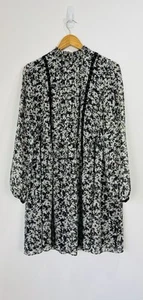 Mint Velvet Dress Women Size 14 Black Cream Floral Sheer Chiffon Shift High Neck - Picture 1 of 10