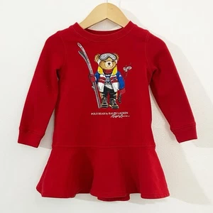 Ralph Lauren Polo Bear Dress Toddler Girls 2T Ski Bear Red Cotton Fleece Flounce - Picture 1 of 10