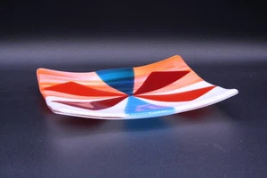 Fused Art Glass Handmade Tray 8" Square Red White & Blue Opaque - Picture 1 of 14