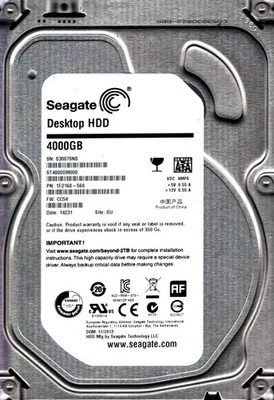 ST4000DM000 P/N:1F2168-568 F/W:CC54 S/N: S300 S/C: SU 4TB NOV 2013 CHINA SEAGATE - Image 1 of 2