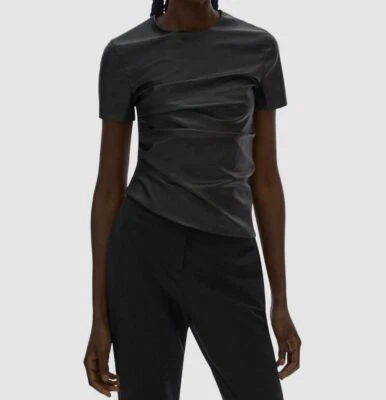 $295 Helmut Lang Women's Black Faux Leather Twist Short Sleeve Tee Top Size XS - Image 1 of 3
