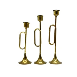 Brass Trumpet Bugle Horn Taper Candle Holders Christmas Decor 3 Vintage - Picture 1 of 5