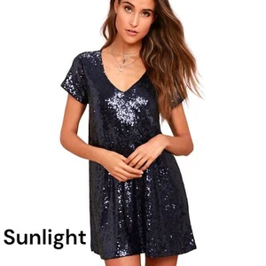 Abito donna Lulus Navy Light Up Night Navy paillettes manica corta scollo a V cambio TG XS - Foto 1 di 15