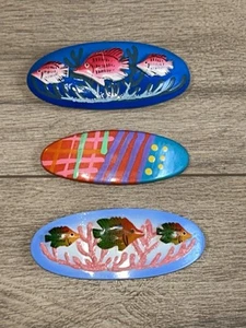 Vintage 80's French Barrette Hair Clips Wood & Plastic Lot of 3 Fish Abstract - Picture 1 of 3