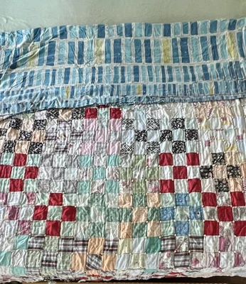 复古拼布被子带条纹背痕需要维修和清洁 — 第 1/4 张图片