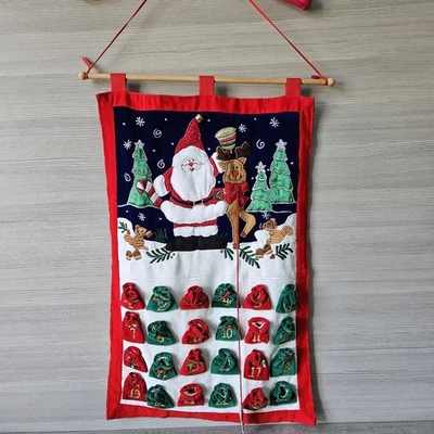 Vintage Christmas Advent Calendar Countdown Santa Holiday Fabric 24 Day Pockets - Image 1 of 4