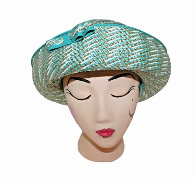 De Colección Doree Of New York Mujer Paja Tejido Bowler Sombrero Turquesa Blanco Iglesia Foto 1 de 4