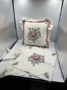 Vintage Quilted Floral Throw Pillow With RUFFLE Trim and CUT OUTS TO MAKE MORE - Picture 1 of 24