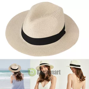 Men Women Summer Straw Hat Trilby Cuban Sun Cap Panama Short Brim Floral - Picture 1 of 12