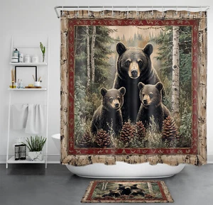 Green Woodland Wild Animal Black Bear Shower Curtain Bathroom Accessories Set - Picture 1 of 23