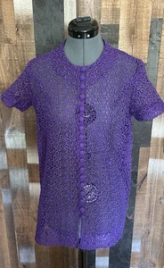 Purple Lace Top Sheer Floral Button Front Overlay Blouse Party Holiday Sz S/M - Picture 1 of 14