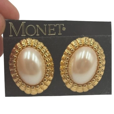 NUEVO CON ETIQUETAS Pendientes Monet Vintage Tono Dorado Imitación Perla Ovalados Clip Elegantes Clásicos Foto 1 de 4