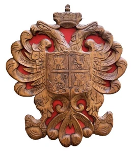 Vtg Carved Wood Coat of Arms Double Eagle Art Wall Hanging Castle Lion - Picture 1 of 4