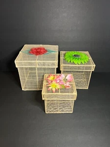 Set of 3 Decorative Square Mesh & Metal Framed Nesting Boxes w/ Floral Applique - Picture 1 of 6