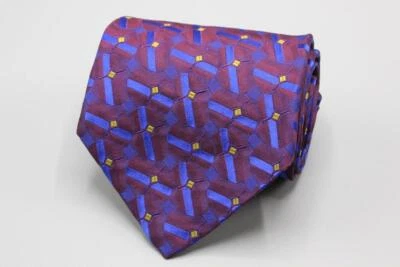 NORDSTROM Silk Tie. Plum w Blue & Yellow Geometric. - Image 1 of 3