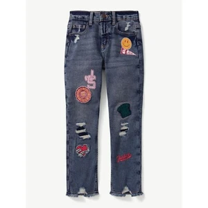 Justice Girls Mini Mom Jeans with Patches - Size 10 Slim - Medium Wash - Picture 1 of 3