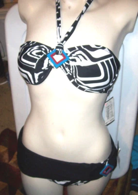 NEW Kenneth Cole REACTION SWIMSUIT swimwear BIKINI black white skirt sz LARGE - Image 1 of 4