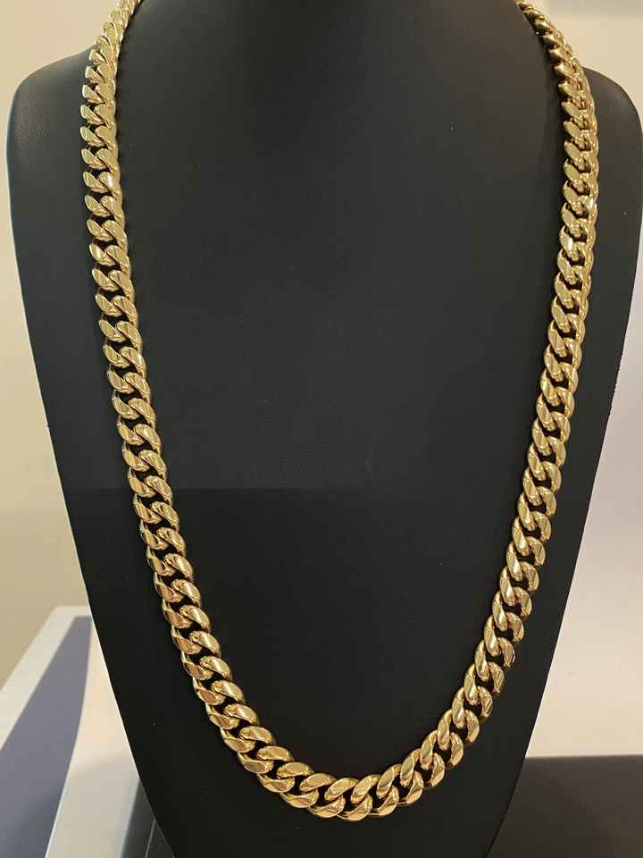 Collar de cadena de hip hop real de acero inoxidable chapado en oro de 18 quilates con eslabones cubanos Miami de 12 mm para hombre Foto 1 de 4