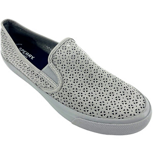Sperry Seaside Nautical Perforated Gray Leather Loafers Sneakers Shoes size 8