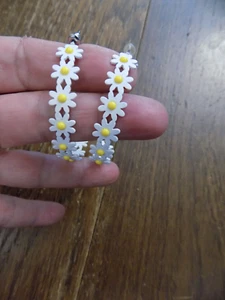 Vtg Big Hoop Earrings White Yellow Daisy Flower Hoops 70s Retro Pierced 2" FUN! - Picture 1 of 5