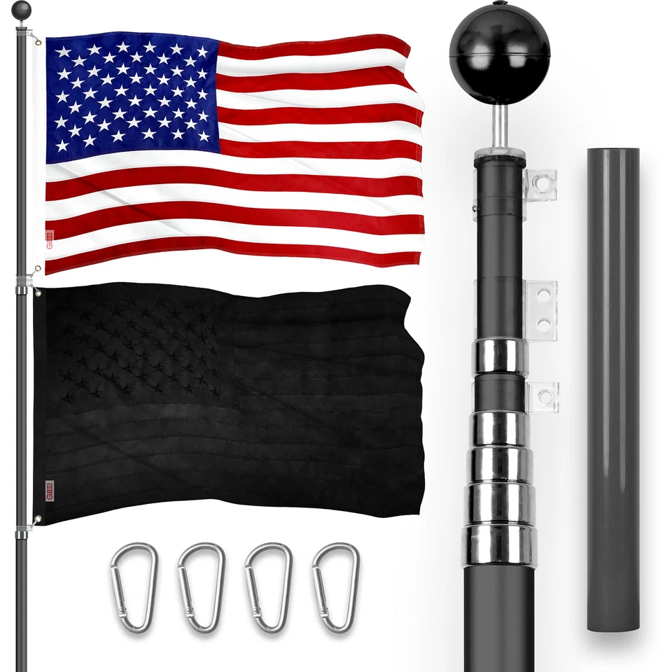 G128 USA All Black USA Flag 3x5FT Emb & 25FT Telescoping Flagpole Black