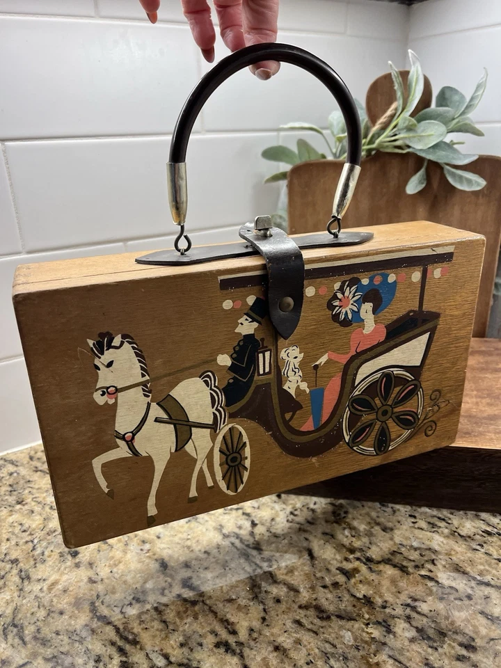 Antiga bolsa de mão de madeira anos 60 Enid Collins Of Texas caixa carruagem comércio cavalo - Imagem 1 de 4