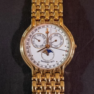 Calendario triple galvanizado Raymond Weil Fidelio 5402-2 fase lunar oro 18 Kt Foto 1 de 3