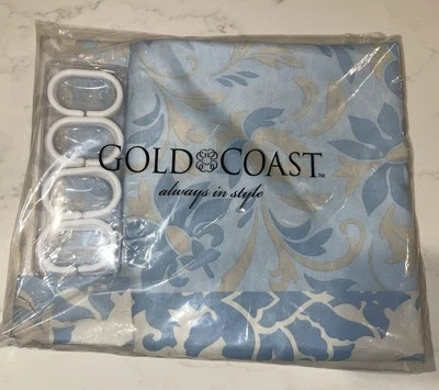 Vintage Gold Coast Blue Beige White Shower Curtain & Hooks Set 13 Piece NEW - Image 1 of 4