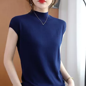 Women Knit Sleeveless Shirt Turtle Neck Jumper Sweater Vest Tank Top Office - Foto 1 di 14