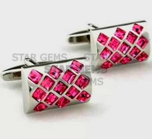Piedra preciosa de cuarzo rosa natural con gemelo elegante de plata de ley 925 para hombre CF81 - Imagen 1 de 6