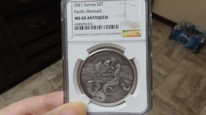 2021 Samoa Silver 2 Tala Pacific Mermaid NGC graded PR69 ANTIQUED antique finis - Picture 1 of 5