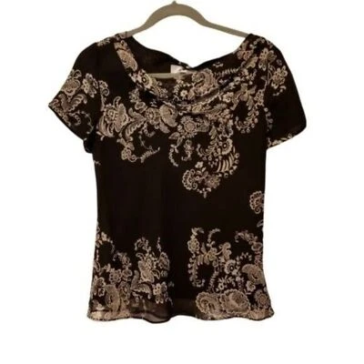 Donna Ricco Womens Sz 6 Black  Floral Short Sleeve Blouse — 第 1/4 张图片