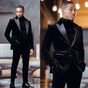 Black Men's Suit Velvet Wedding Party Groom Peak Lapel Business Wear Coat Pant - Picture 1 of 10