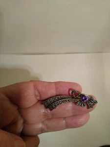 Vintage Sterling, 925, Markasit Doppel Herz Amethyst Brosche/Anstecknadel 2" BREIT - Bild 1 von 4