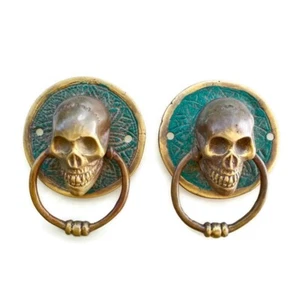 2 SKULL ring pull head solid hollow BRASS vintage style day the dead 3" 7.5 cm - Picture 1 of 4