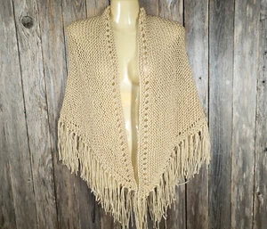 NEW Beige Tan Hand Knitted Shawl Wrap Scarf Boho Hippie Knit Fringe Coverup - Picture 1 of 5