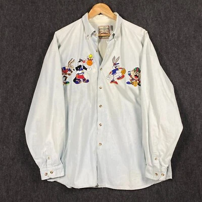 Vintage 90s Looney Tunes Faded XL Long Sleeve Button Down Shirt Pale Blue Denim - Image 1 of 4