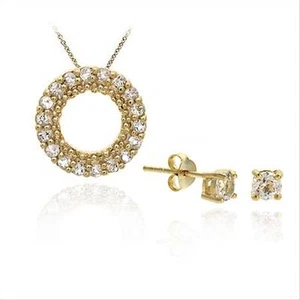 18K Or / Argent Sterling Pendentif Cz Stud Earring Set - Foto 1 di 1