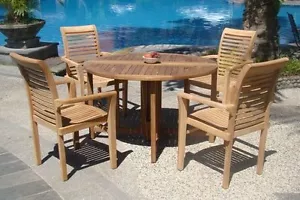 5-Piece Outdoor Teak Dining Set: 48" Butterfly Table, 4 Stacking Arm Chairs Masc - Picture 1 of 12