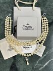 Vivienne Westwood necklace triple pearl dangle pendant silver tone orb With Box