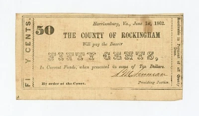 1862 50c The County of Rockingham - Harrisonburg, VIRGINIA Note  - Image 1 of 2