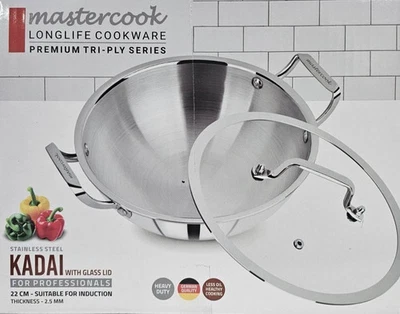 Platinum Triply Stainless Steel Kadai Wok With Glass Lid 20cm Induction Bottom - Image 1 of 4