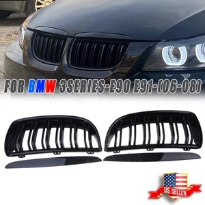 Front Kidney Grill Grille Bumper Fits BMW 3-Series E90 E91 2006-2008 Gloss Black - Picture 1 of 9