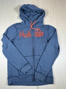 Hollister Hoodie Mens Small Blue Logo Fleece Lined Kangaroo Pockets Full Zip - Picture 1 of 5