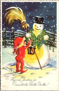 Finlandia NAVIDAD Postal Niña y MUÑECO DE NIEVE con Linterna y Escoba "Hyvaa Joulua" - Imagen 1 de 2