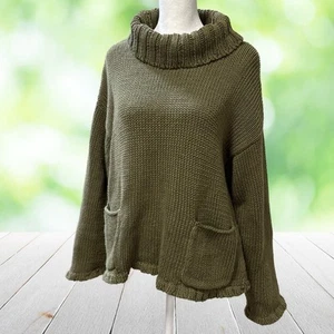 HONEST COTTON Handmade Sweater Womens One Size Olive Boxy Lagenlook Boho Pockets - Picture 1 of 14