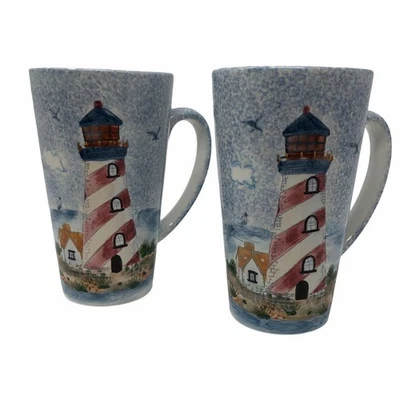 Набор из 2 кружек Lighthouse с ручной росписью высокие кофейные керамические синие 400 мл Pacific Rim - Изображение 1 из 4