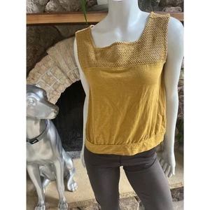 Camiseta sin mangas Prana dorada de punto amarillo mezcla de algodón para mujer talla mediana - Imagen 1 de 8