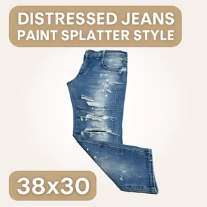 Biker Jeans 38x30 Distressed Farbspritzer Crysp Denim Slim Fit - Bild 1 von 9